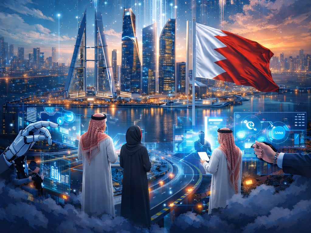 AI Transformation in Bahrain - Futuristic cityscape with neural networks